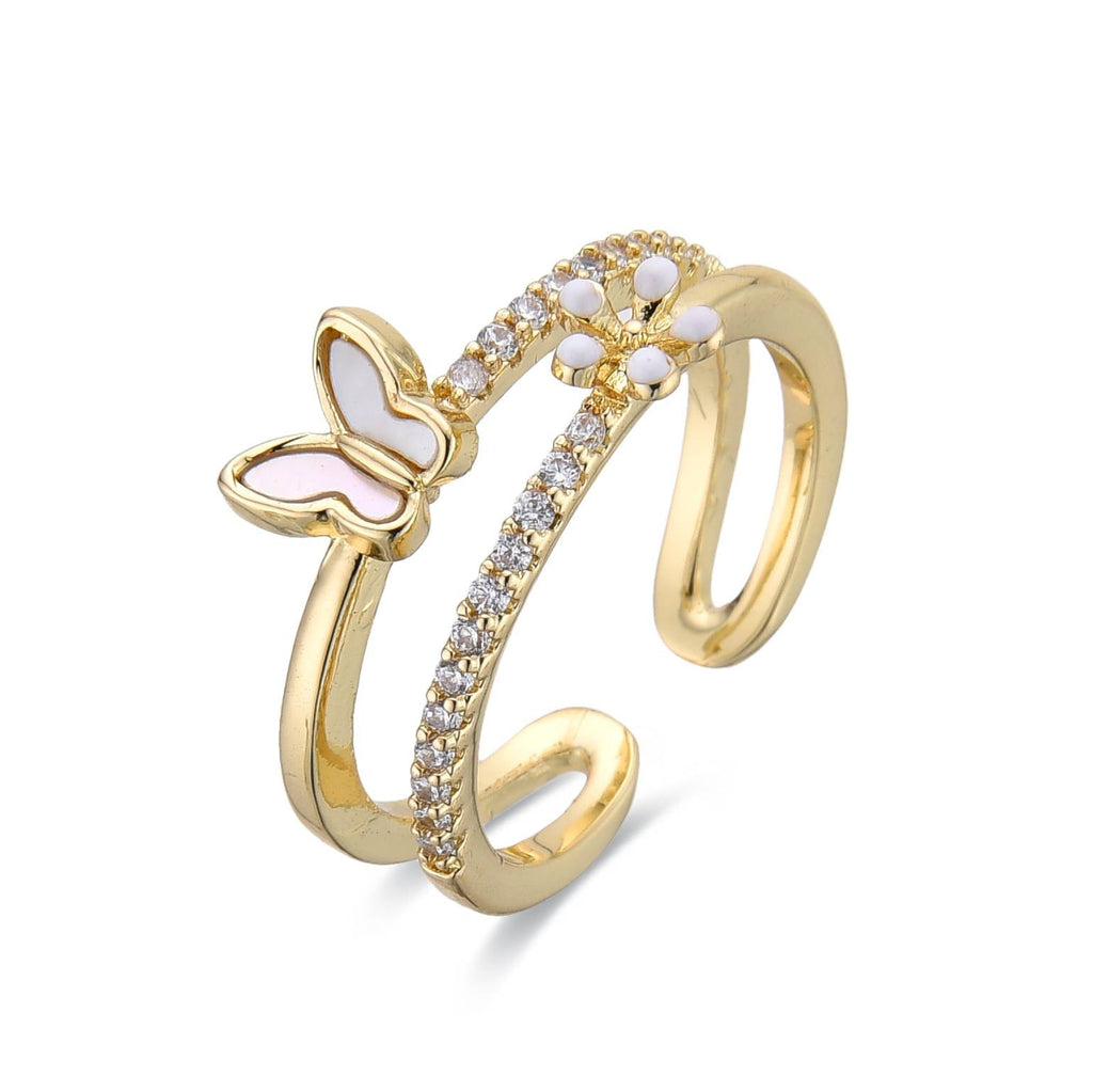 Gold Fashion Adjustable Ring with Butterfly and Flowers-Rings-NEW WEI