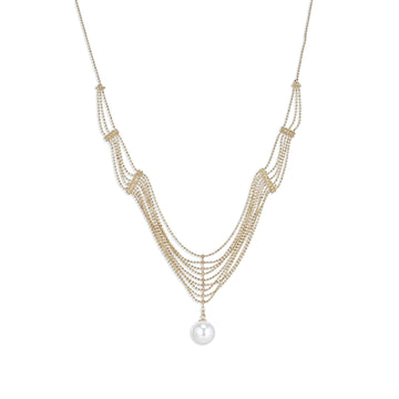 Gold Fashion Necklace with Mesh Design and Pearl Pendant.-Necklaces-ROMANE
