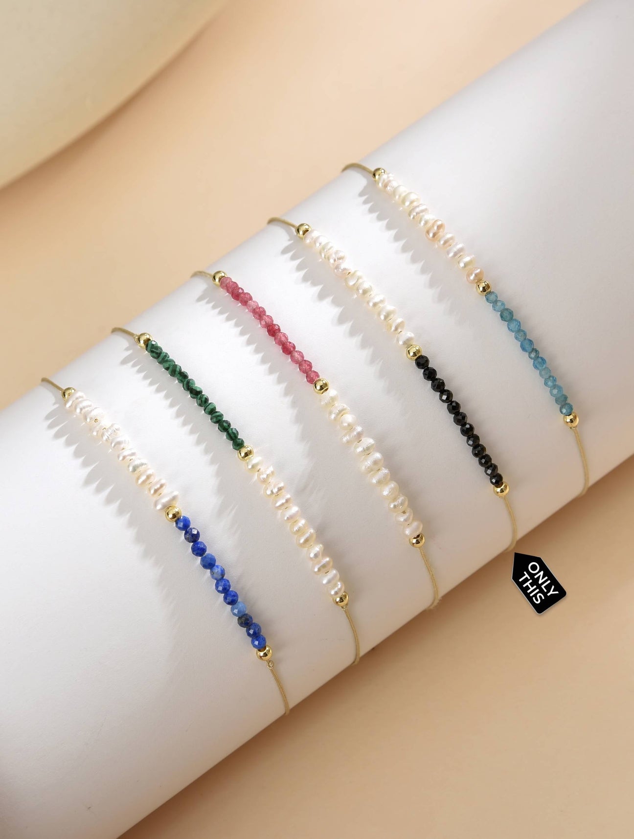 Gold Thread Bracelet with Half Pearls and Half Black Semi-Precious Stones-Bracelets-Peling