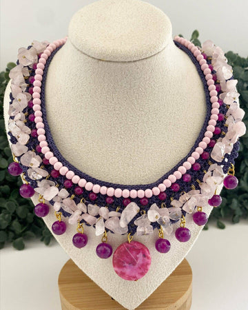 Handmade Crochet Woven Necklace with Purple and White Semiprecious Stones-Necklaces-Vila veloni corp