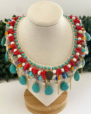 Handmade Crochet Woven Necklace with Semiprecious Stones Pearls and Owl Pendant-Necklaces-Vila veloni corp