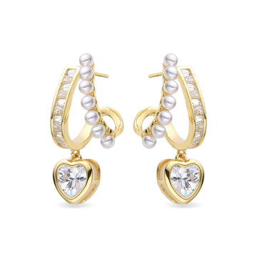 Heart Earrings in 18k Gold Plated 925 Sterling Silver with Zircons and Pearls-Earrings-GULI GULI