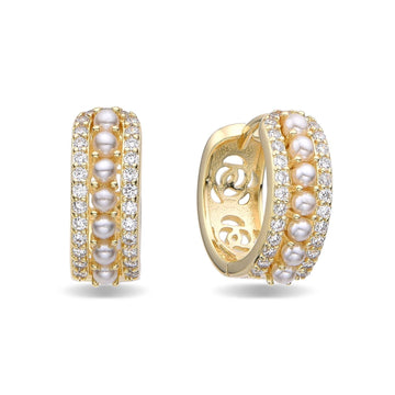 Huggie Earrings 925 Sterling Silver with Pearls and Micro Zircons-Earrings-GULI GULI
