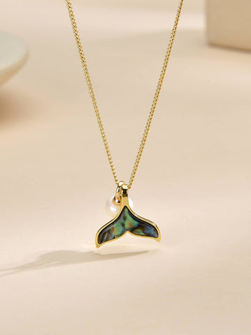 Mermaid Tail Pendant Necklace with Semi-Precious Stone and Pearl in 18k Gold Plated Brass-Necklaces-Baishangmei