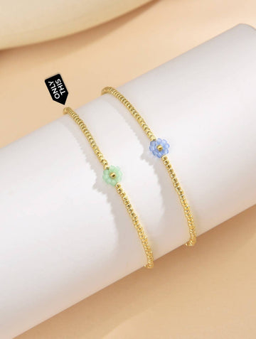 Minimalist Gold Bracelet with Green Floral Charm-Bracelets-Peling