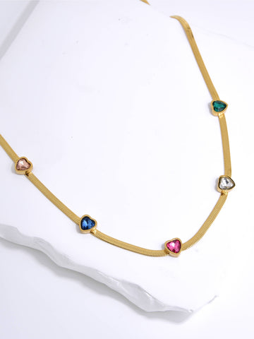Minimalist Necklace adorned with Multicolor Faceted Crystal Hearts-Necklaces-kKT
