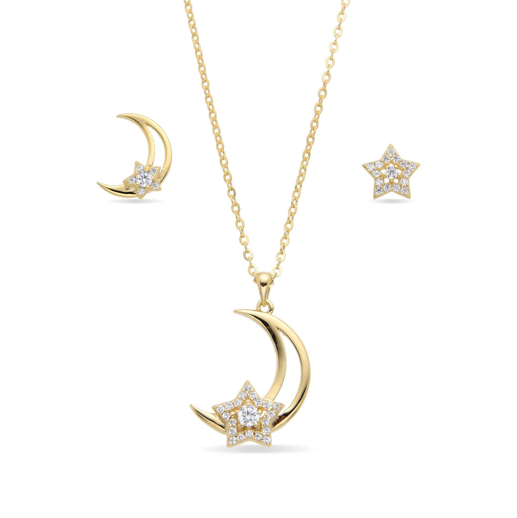 Moon Star Necklace and Earrings Set in 18k Gold Plated 925 Sterling Silver with Micro Zircons-Earrings-GULI GULI