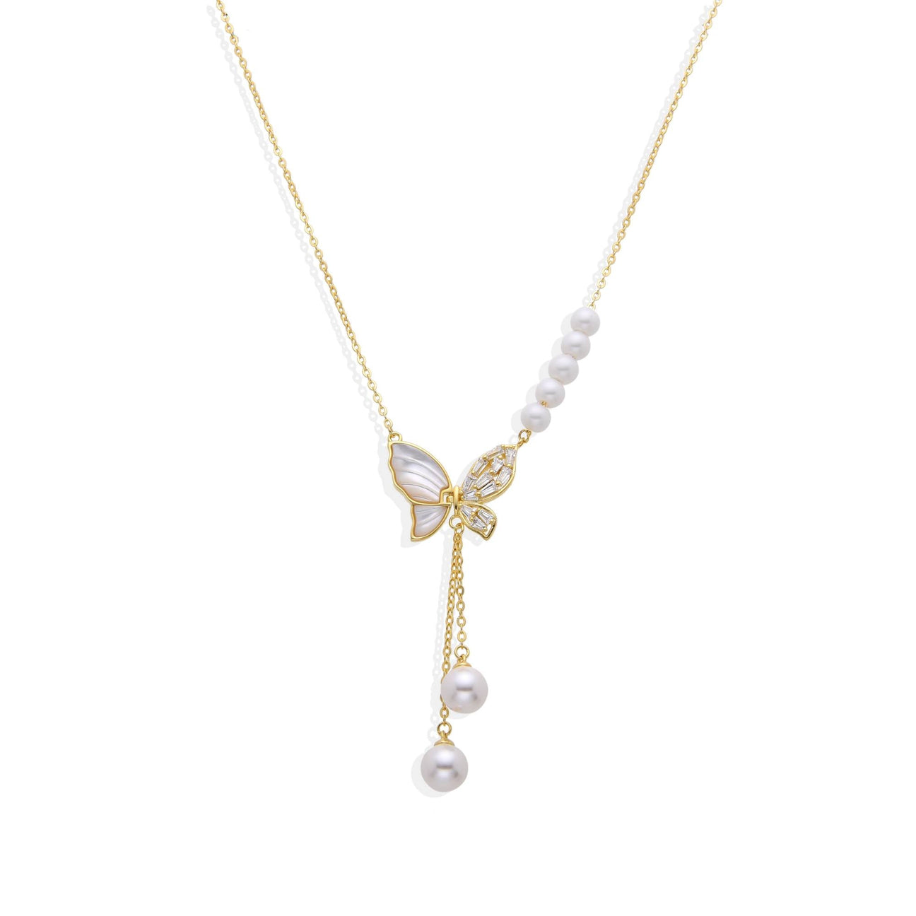 Nacre Butterfly Necklace in 18k Gold Plated 925 Sterling Silver with Clear Zircons and Pearls-Necklaces-GULI GULI