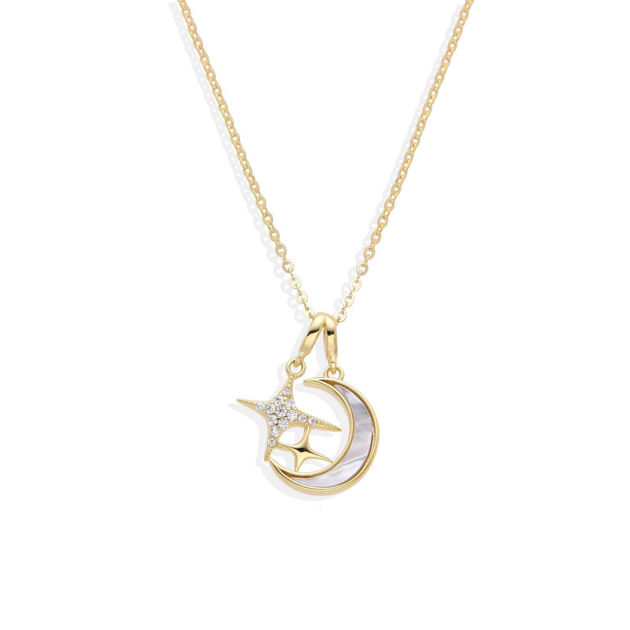 Necklace 18k Gold Plated 925 Sterling Silver with Nacre Moon and Stars with Micro Zircons-Necklaces-GULI GULI