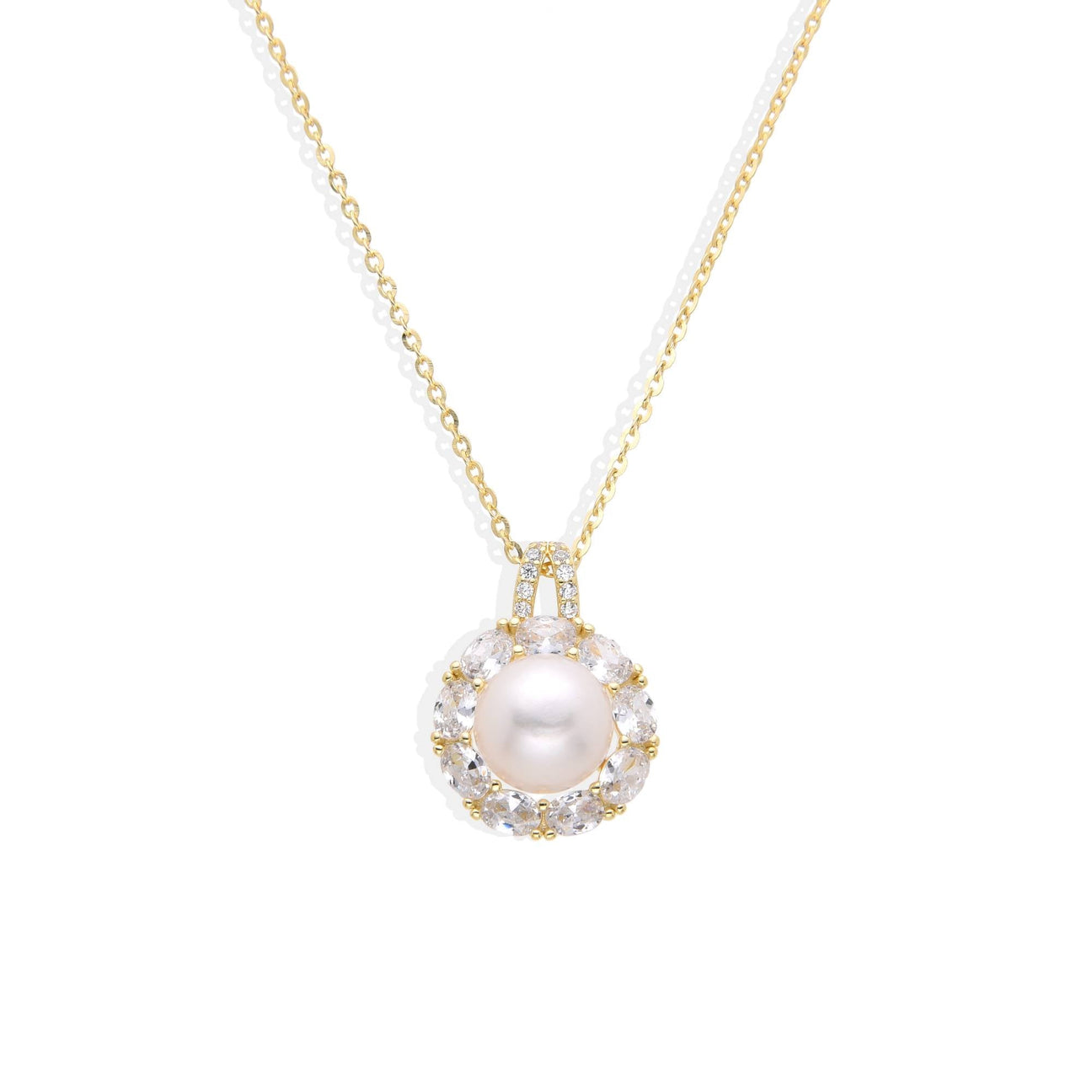 Necklace 925 Sterling Silver 18k Gold Plated with Pearl Pendant and Zircons-Necklaces-GULI GULI