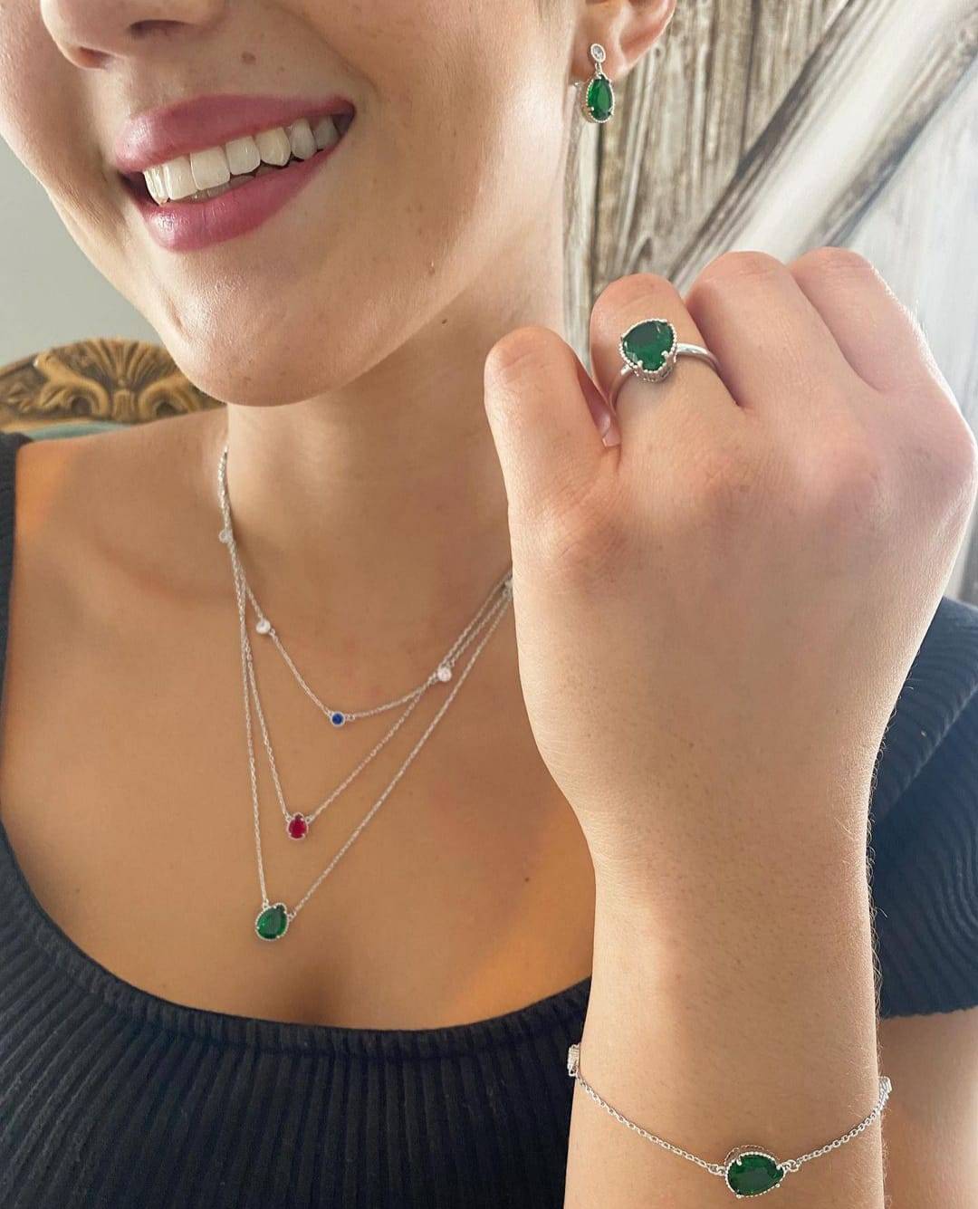 Necklace, Earrings and Bracelet Set with Drop Charms with Multicolor Zirconia in Brass-Necklaces-Vila veloni corp