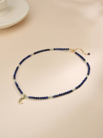 Necklace Made with Semi-Precious Stones and Crystals with Moon Pendant in Brass and 18k Gold Plating-Necklaces-Baishangmei