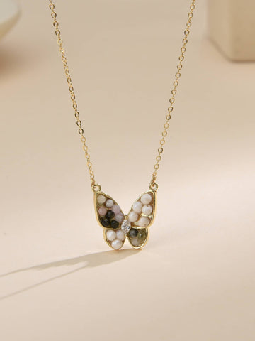 Necklace with Butterfly and Pearl Pendant with 18k Gold Plated-Necklaces-Baishangmei
