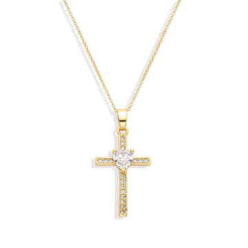 Necklace with Clear Zircon 18k Gold Fashion with Cross and Heart Pendant-Necklaces-LANDCICA