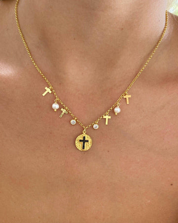 Necklace with Cross and Pearl Pendants with Cross Medallion in 925 Silver and 18k Gold Plating-Necklaces-Vila veloni corp