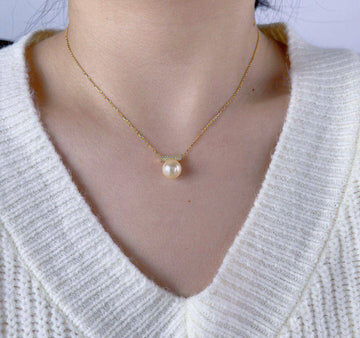 Necklace with Pearl Pendant in 925 Silver and 18k Gold Plating with Zirconias-Necklaces-GULI GULI