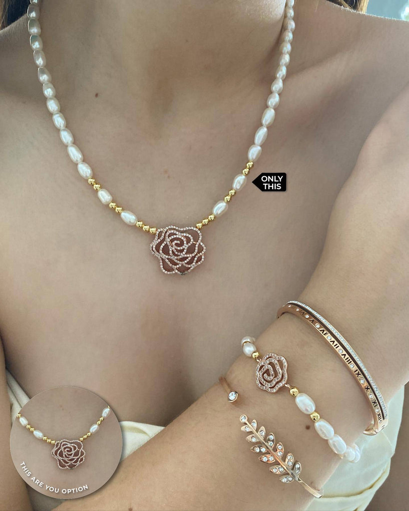 Necklace with Rose Pendant and Zirconia in Rose Gold with Cultured Pearls-Necklaces-Vila veloni corp