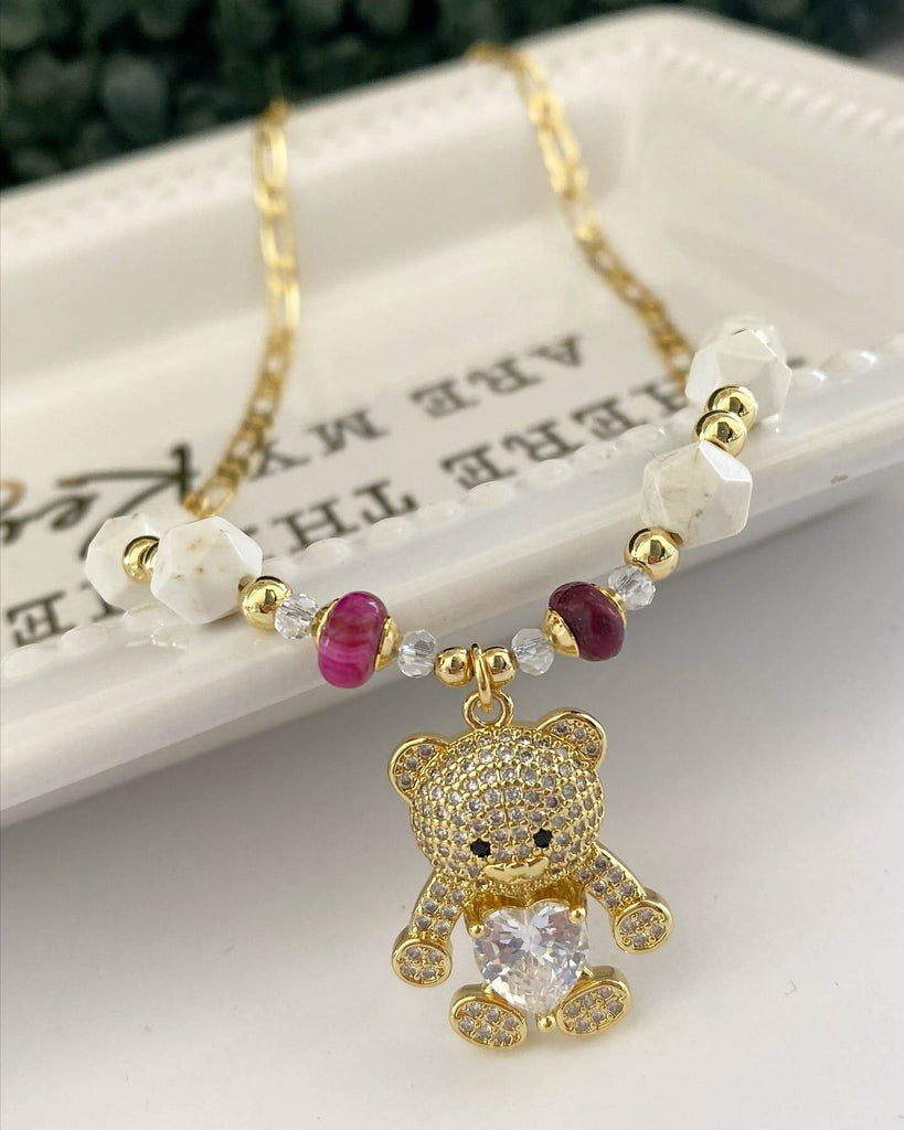 Necklace with Semiprecious Stones and Crystals with Bear Pendant with Heart Zirconia in Gold Filled with 18k Gold Plated-Necklaces-Vila veloni corp