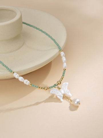 Necklace with Turquoise Crystals and Pearls with Butterfly Pendant in 18k Gold Plated-Necklaces-Baishangmei