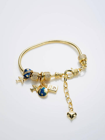 Pandora Bracelet with Airplane and World Travel Designs with Rhinestones and Heart Pendant in Cooper with 18k Gold Plating-Bracelets-Pandora GB127