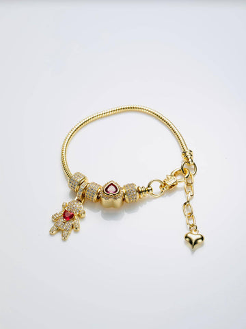 Pandora Bracelet with Girl Charm with Red Heart in Zirconia and Rhinestones in Cooper with 18k Gold Plating-Bracelets-Pandora GB127