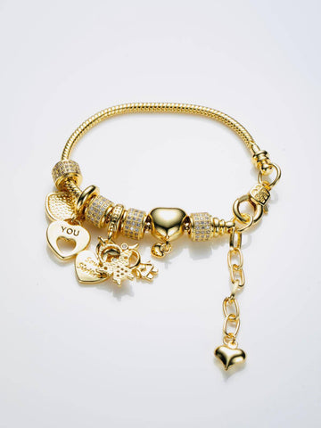 Pandora Bracelet with Hearts and Family Charm with Rhinestones in Cooper with 18k Gold Plating-Bracelets-Pandora GB127