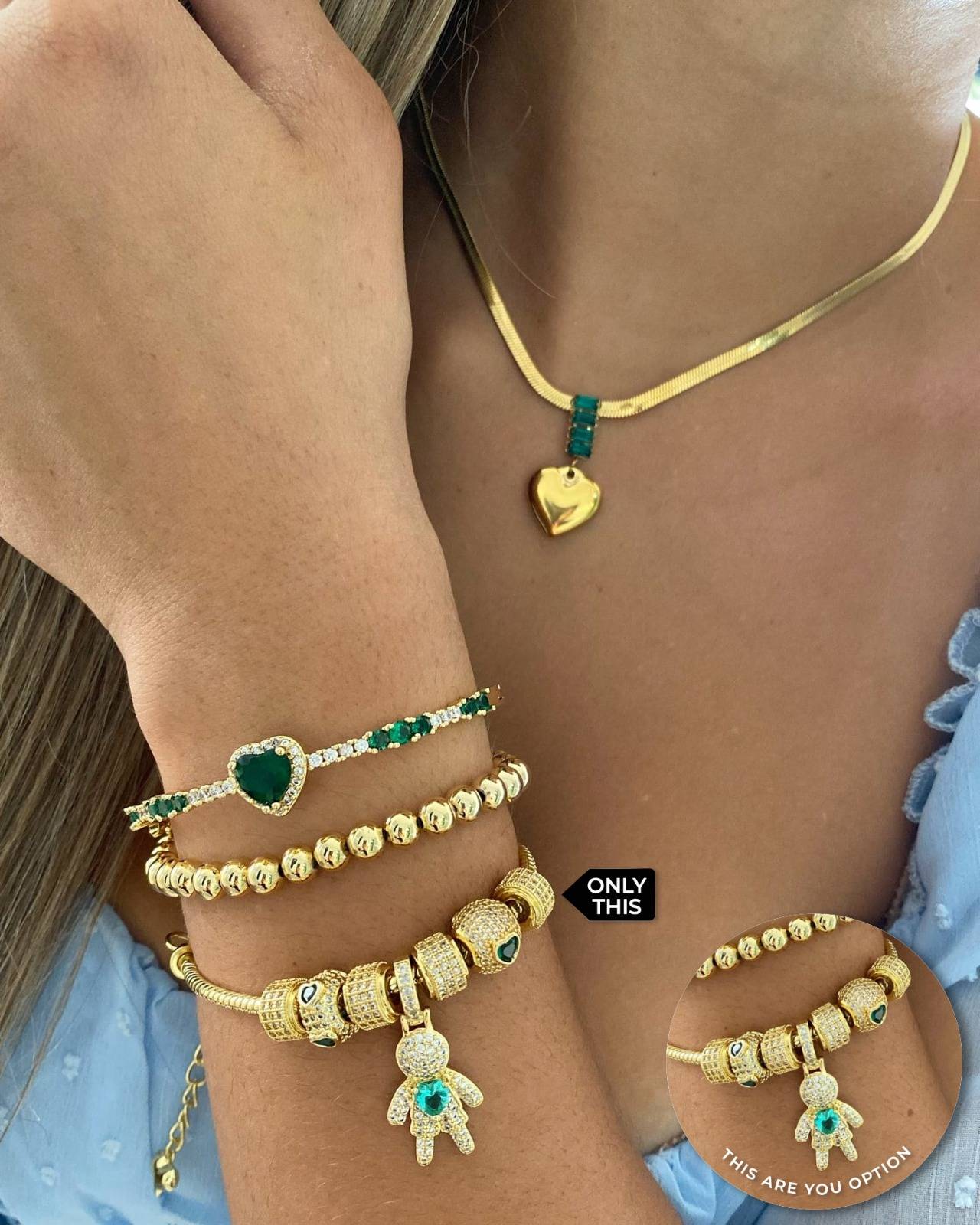 Pandora Style Bracelet with Child Charm and Green Heart-Bracelets-Pandora GB127