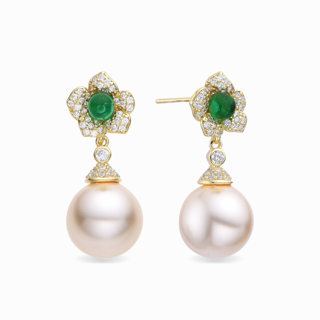 Pearl Earrings with Green Zircon Flowers in 18k Gold Plated 925 Sterling Silver-Earrings-GULI GULI