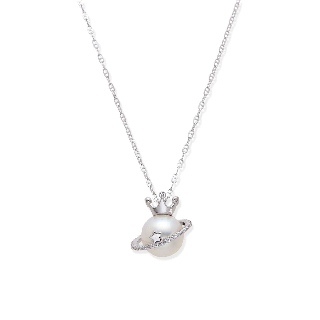 Pearl Necklace with Star Hoop and Crown with Zirconia in 925 Silver-Necklaces-YIA SILVER