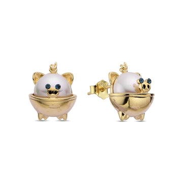 Pig Shaped Pearl and Zirconia Earrings in 925 Silver and 18k Gold Plated-Earrings-GULI GULI