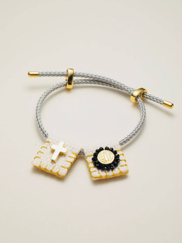Religious Woven Bracelet with Cross Pendant and Saint Benedict Medal and Black Zirconia-Bracelets-Guadalupe