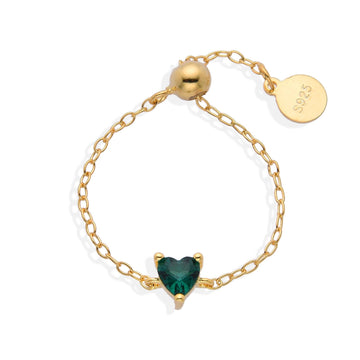 Ring Green Adjustable in 18k Gold Plated 925 Sterling Silver with Heart Zircon-Rings-NEW WEI