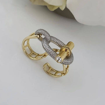 Ring with Two Finger Design Decorated with Zirconias in Brass and 18k Gold Plating-Rings-ZIRCONIA