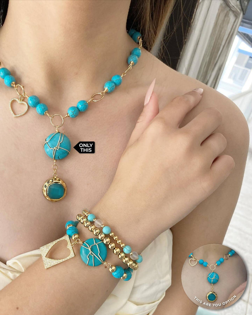 Semiprecious Stone Necklace with Heart and Blue Stone Pendants in Brass with 18k Gold Plated-Necklaces-Vila veloni corp
