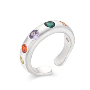 Silver Fashion Adjustable Ring with Multicolor Zircons-Rings-ROMANE