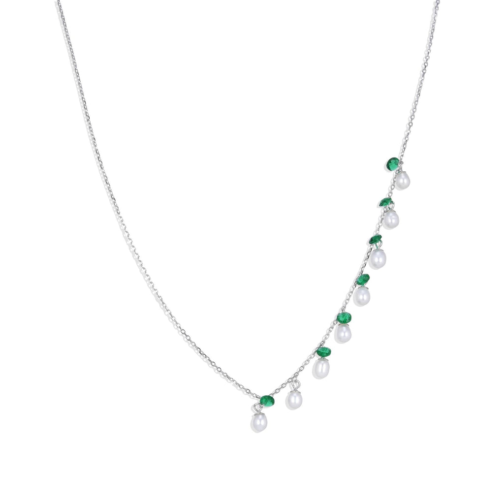 Silver Fashion Necklace with Hanging Pearls and Green Zircons.-Necklaces-ROMANE