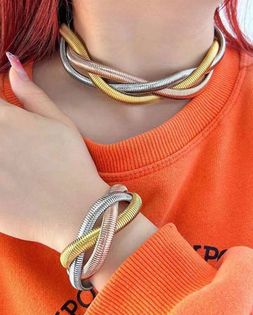 Stainless Steel Necklace and Bracelet Set with Braided Chain Design-Necklaces-NEW WEI