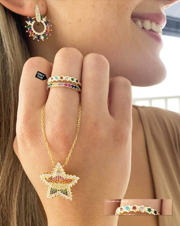 Star Ring with Colored Zirconia in Brass-Rings-Vila veloni corp