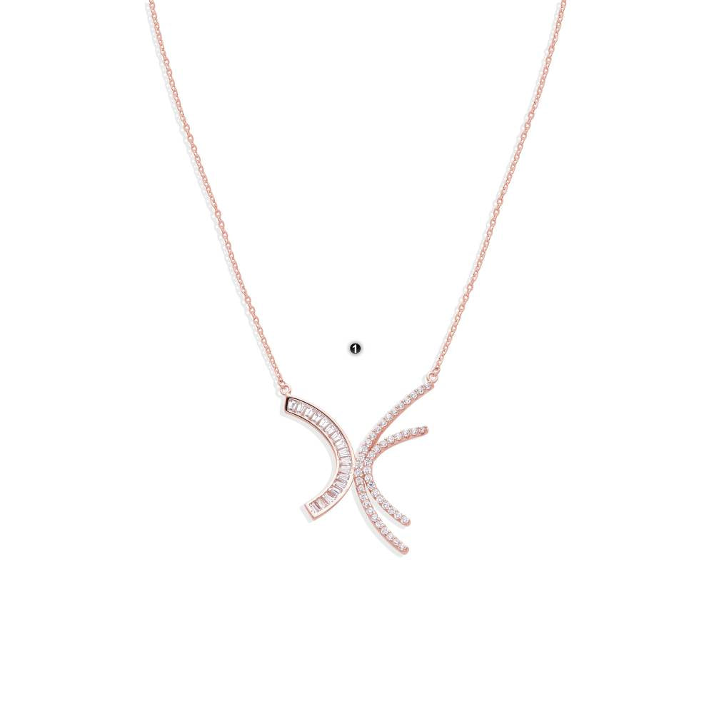 Sterling Silver Rose Gold Necklace Arched Pendant of Faceted Cubic Zirconia.-Necklaces-GULI GULI