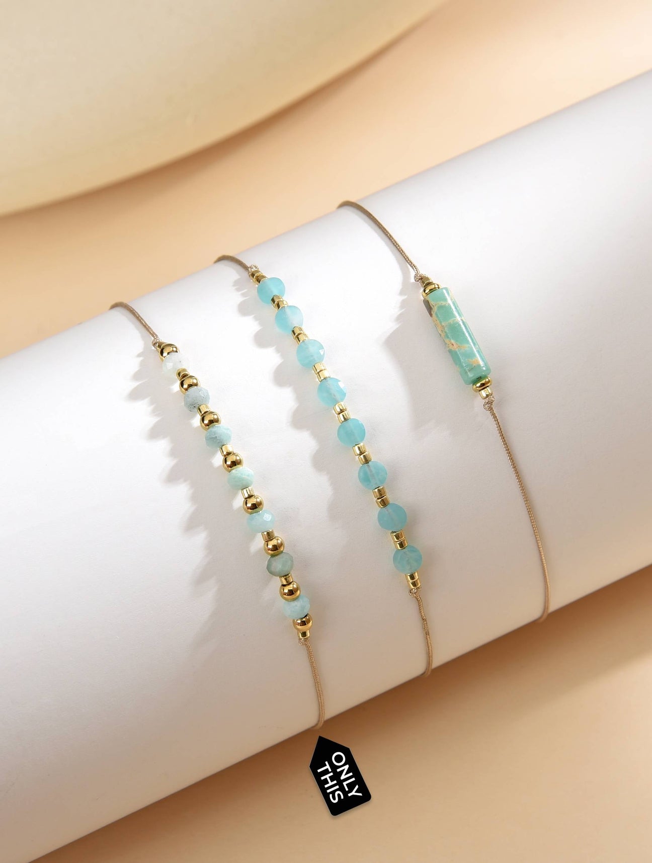 Trio of Minimalist Adjustable Bracelets with Gold Thread and Turquoise Semi-Precious Stones with Gold Beads-Bracelets-Peling