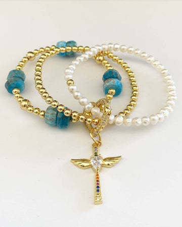 Triple Balinese and Pearl Bracelet with Semi-Precious Stone Details and Cross Pendant with Zirconias in Cooper with 18k Gold Plating-Bracelets-Vila veloni corp
