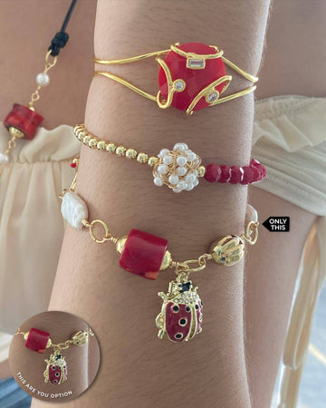 Twisted Bracelet in Red Coral and Pearls with Beetle Pendant and Zirconia in Gold Filled with 18k Gold Plating-Bracelets-Vila veloni corp