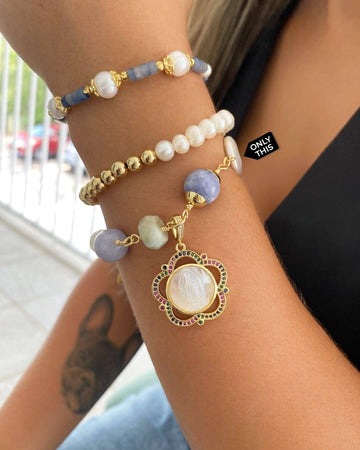 Twisted Bracelet with Semi-Precious Stones and Religious Pendant in Cooper and 18k Gold Plating-Bracelets-Vila veloni corp