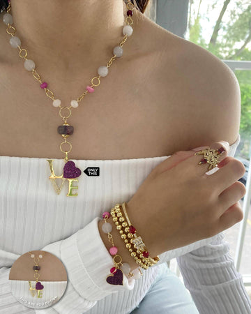 Twisted Necklace with Semiprecious Stones and Love Pendant with Heart in Brass and 18k Gold Plated-Necklaces-Vila veloni corp