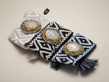 Woven Bracelet with Beige Thread and White Woven Details with Religious Pendant in Cooper and 18k Gold Plating and Crystals-Bracelets-Guadalupe