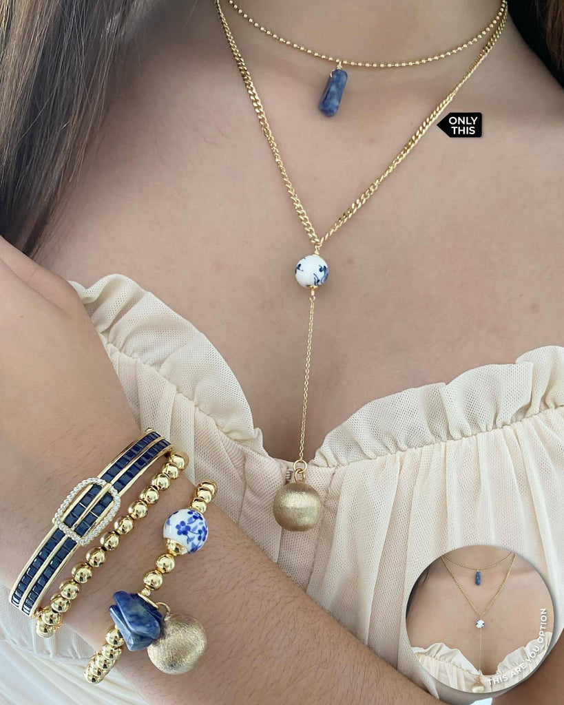 Double Necklace with Lazuli Stone and 18k Gold Plated Brass Spherical Pendants-Necklaces-Vila veloni corp