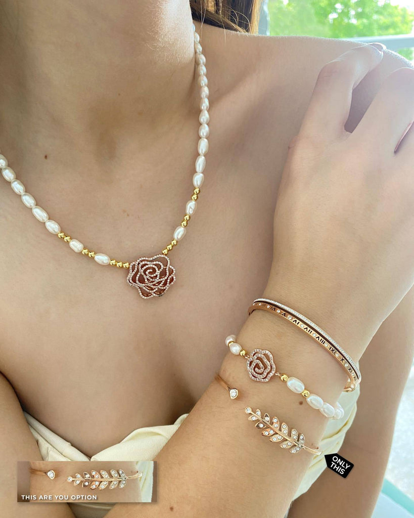 Rose Gold Leaf Shaped Bracelet in Surgical Steel with Zirconia-Bracelets-Vila veloni corp