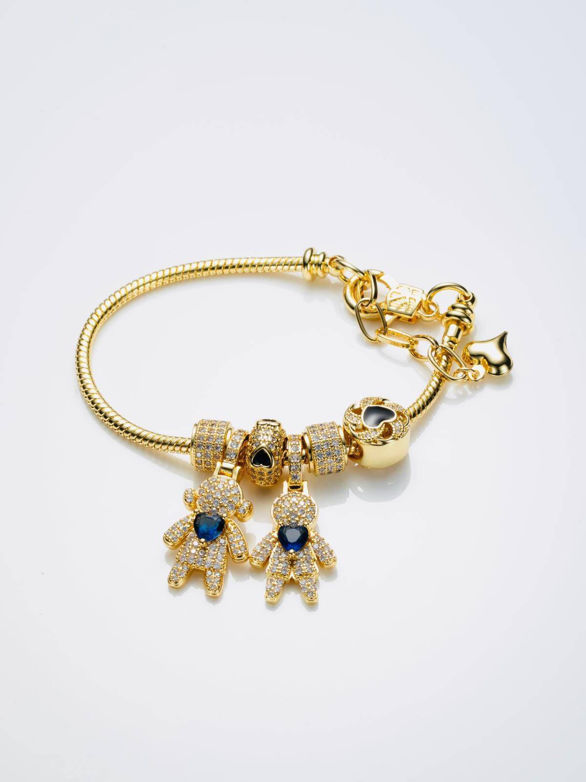 Pandora Bracelet with Children's Charm and Blue Zirconia Hearts with Rhinestones in Cooper with 18k Gold Plating-Bracelets-Pandora GB127