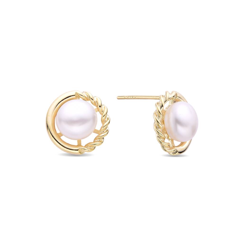 Earrings Solitaire Pearl 925 Sterling Silver 18k Gold Plated.-Earrings-GULI GULI