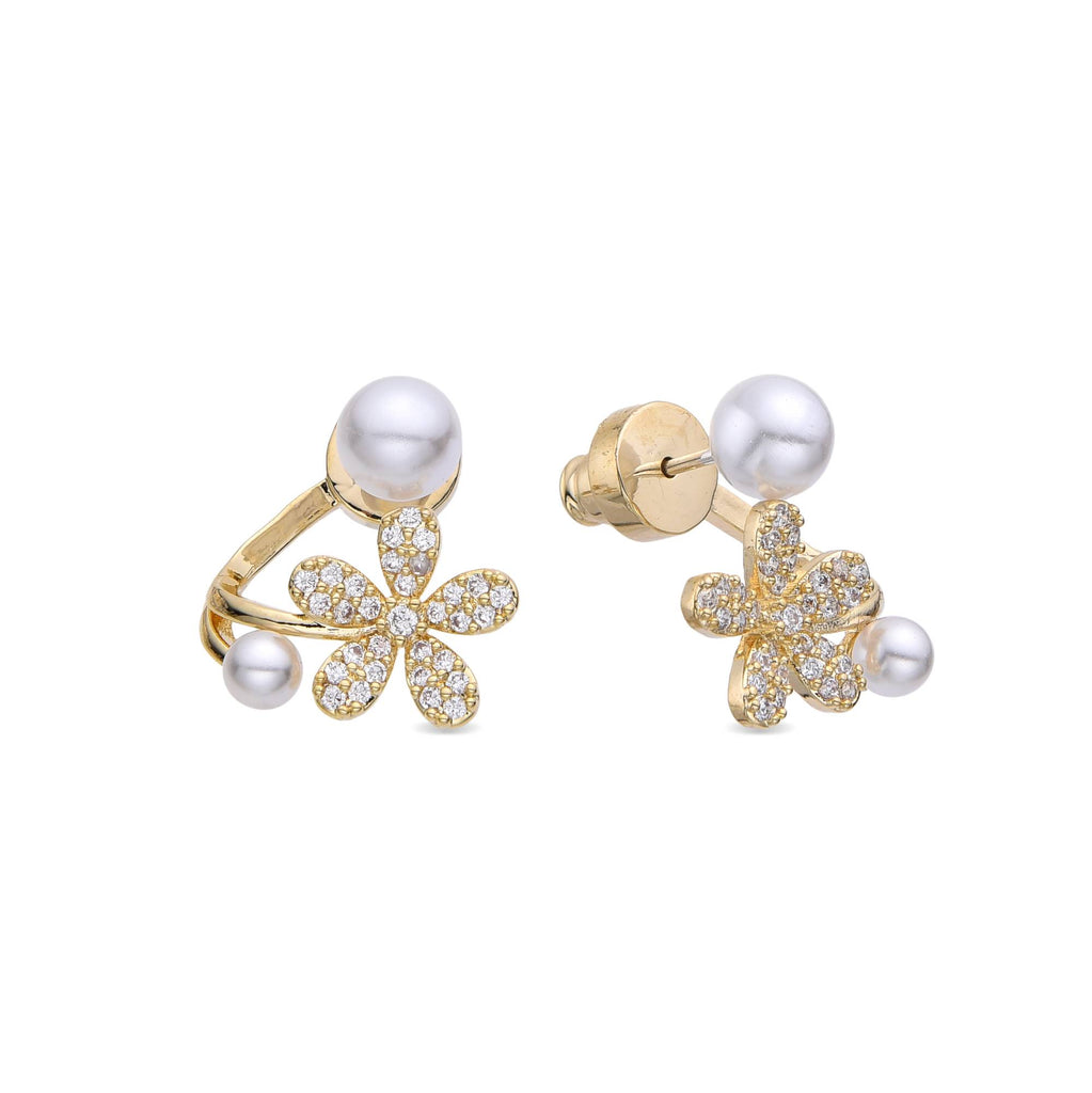 Flower Earrings with Zircons and Pearls 18k Gold Fashion-Earrings-NEW WEI